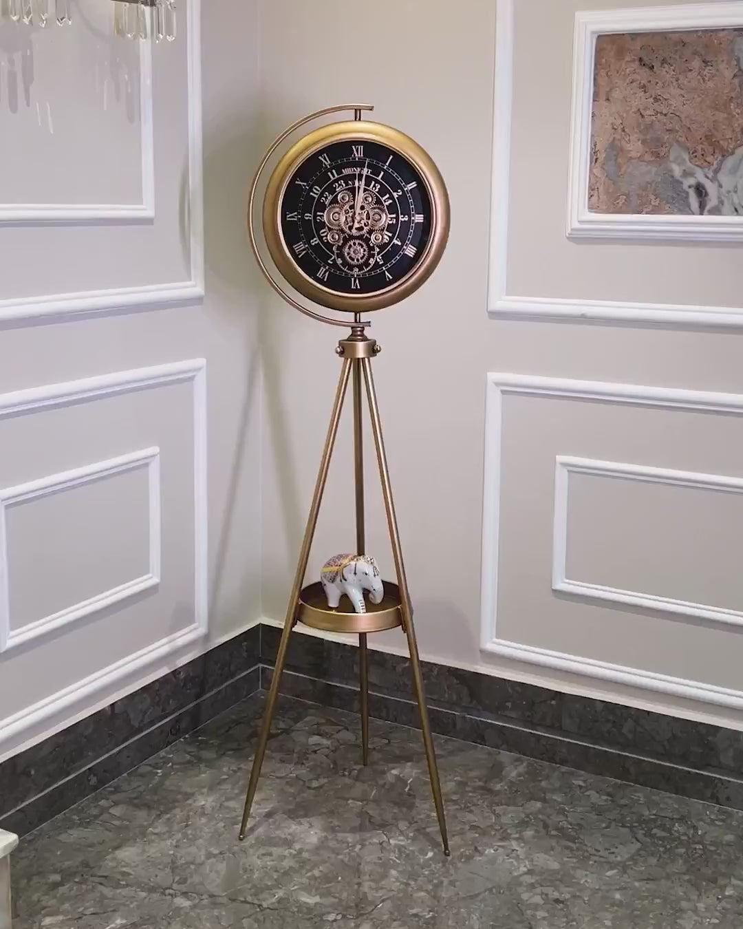 Mystic Motion Tripod Base Luxury Designer Floor Clock With Moving Gear Mechanism Buy Floor Clock Online (Steel Body) - Black