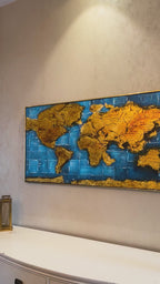 Global Odyssey World Map 100% Hand Painted Wall Painting (With Golden Outer Floater Frame frame) (27.5x55 Inches)