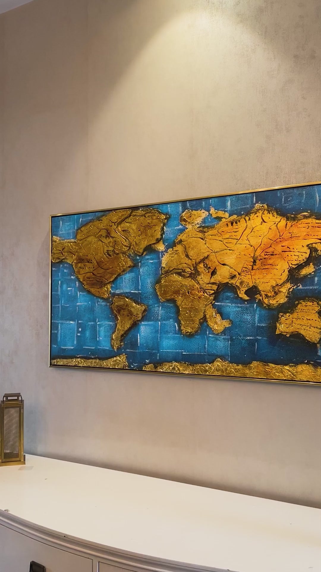 Global Odyssey World Map 100% Hand Painted Wall Painting (With Golden Outer Floater Frame frame) (27.5x55 Inches)