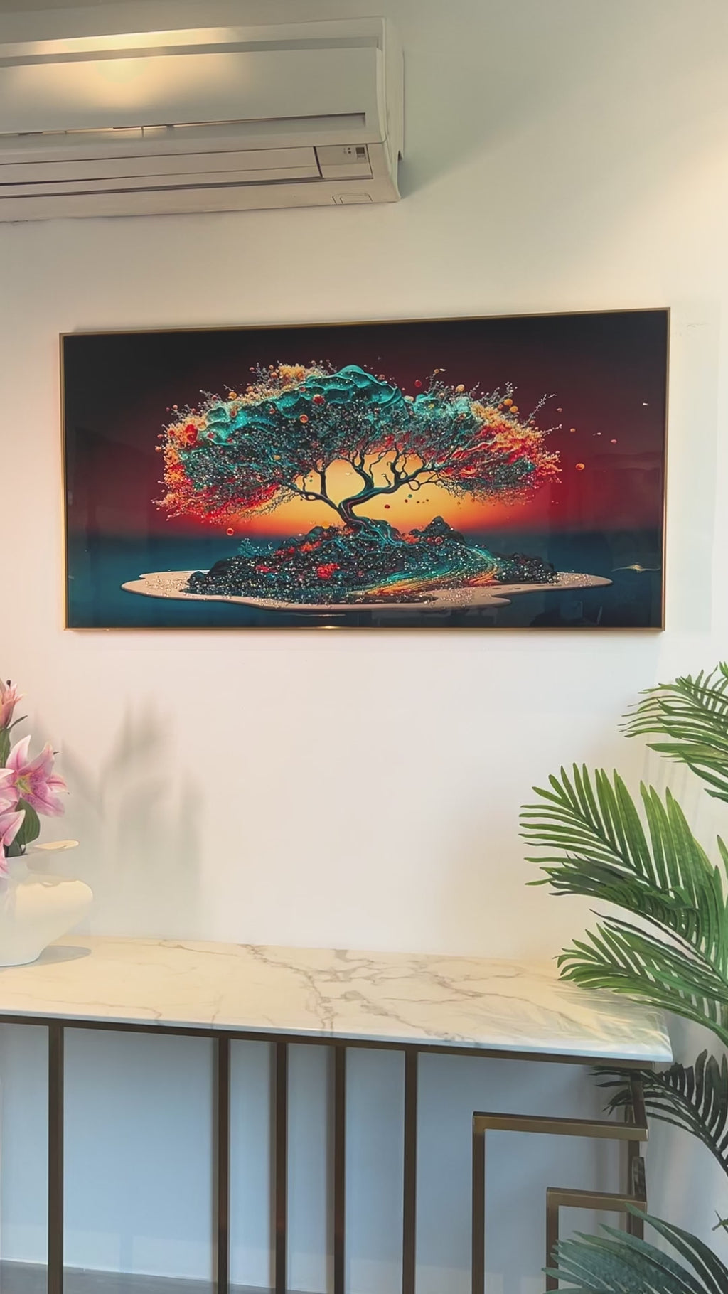 Radiant Red Wood Crystal Glass Painting