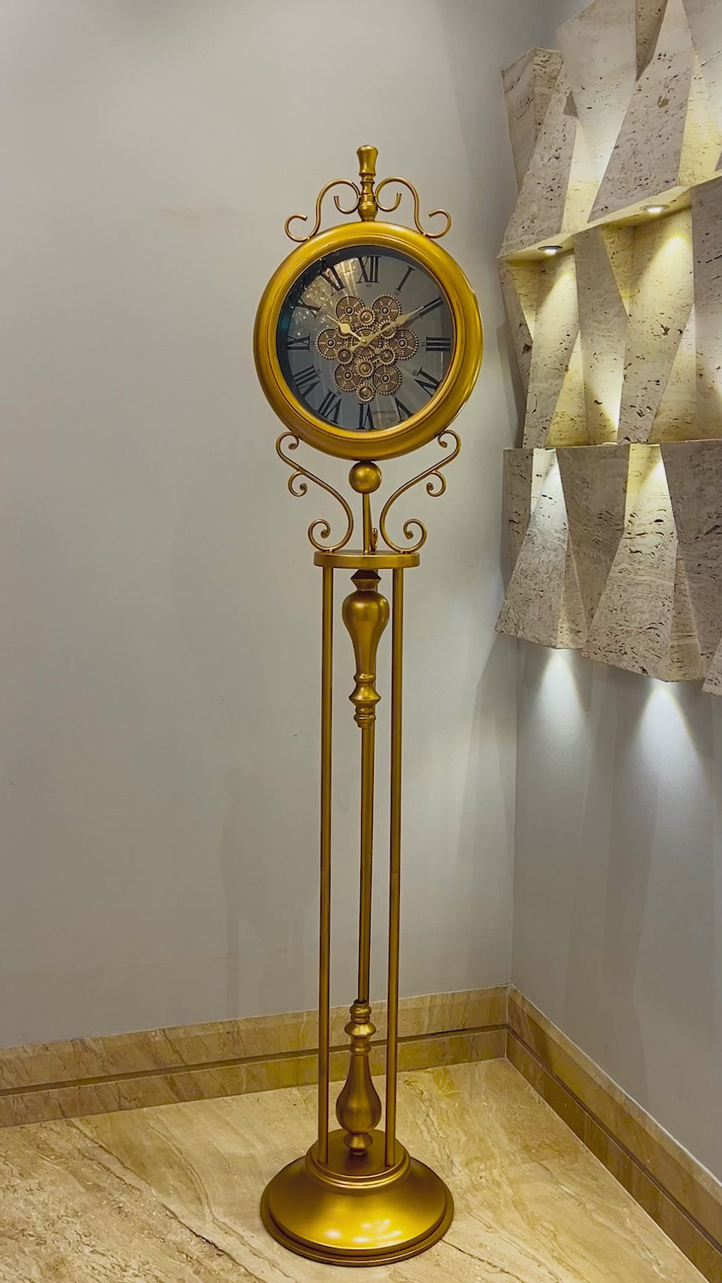Classic Crown Luxury Designer Silent Movement Standing Clock With Moving Gear Mechanism (Steel Body)
