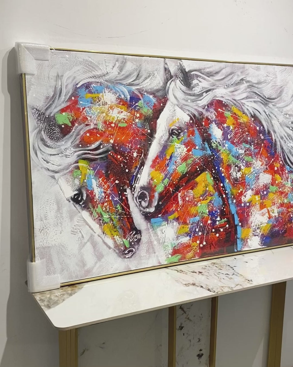 Horses in Paradise Hand Painted Wall Paintings For Home (With Outer Floater Frame) (56 x 32 Inches)