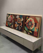 Floral Symphony Glass Paintings For Living Room - Set of 3