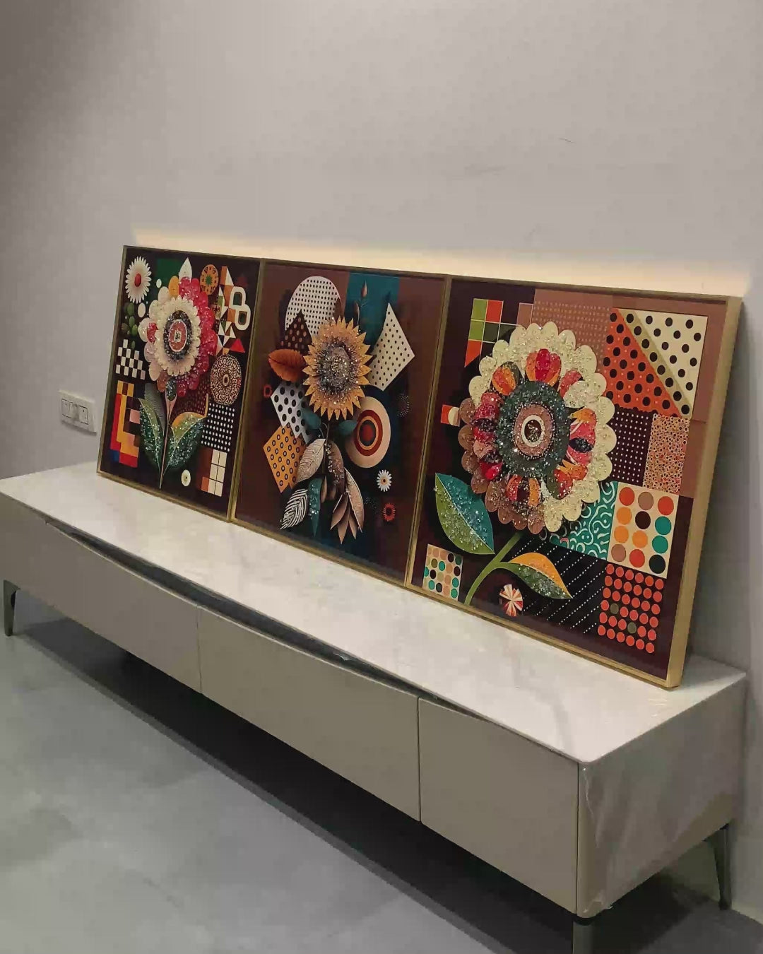 Floral Symphony Glass Paintings For Living Room - Set of 3