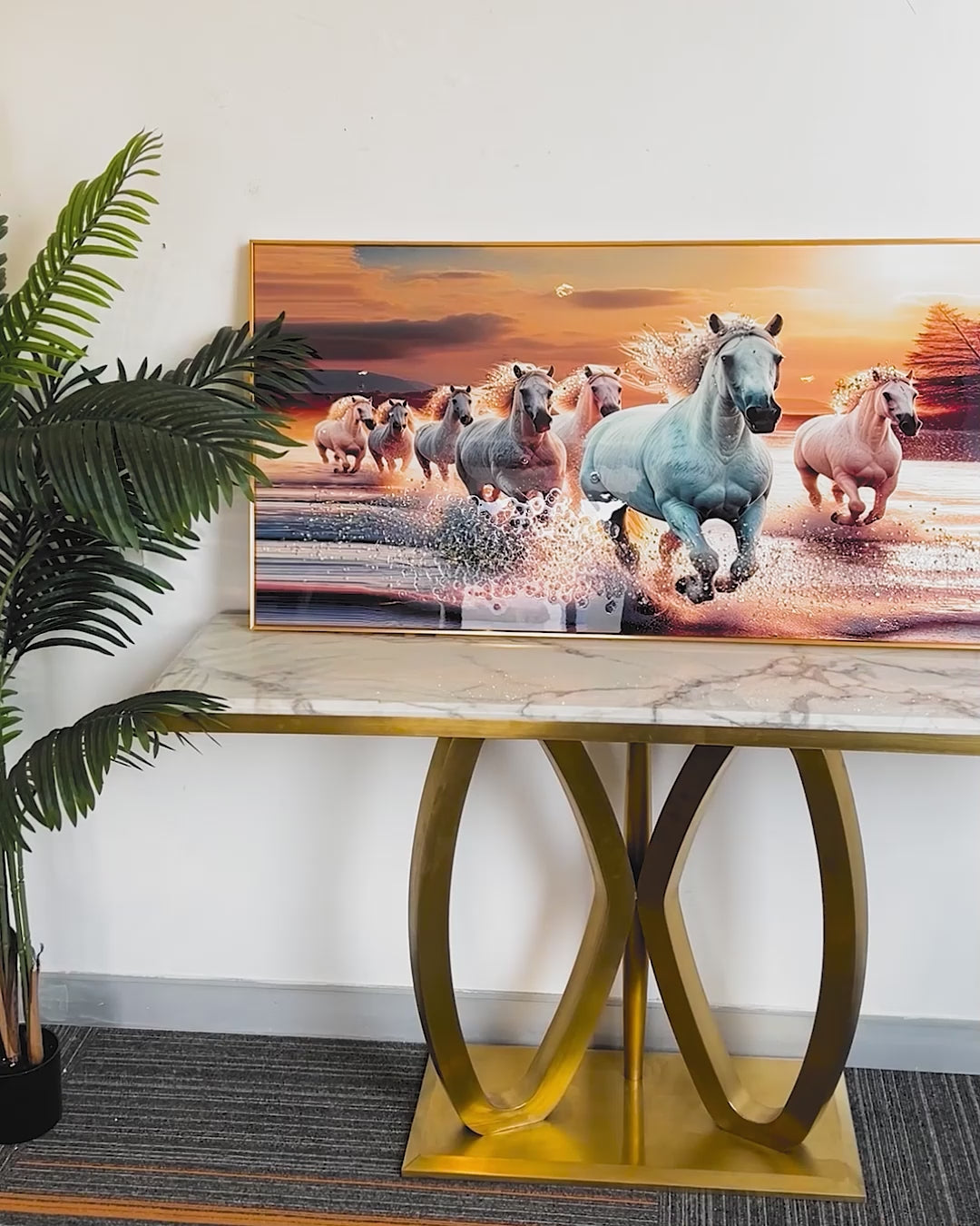 Sunrise Serenade of Seven White Running Horses Crystal Glass Painting