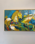 Dynamic Horses Wall Spectacle Hand Wall Painting For Home (outer Floater Frame )  (55 x 28 Inches)