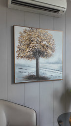 A Season of Stillness 100% Handmade Nature Painting For Home (With Golden Outer Floater Frame frame) (39.5x39.5 Inches)
