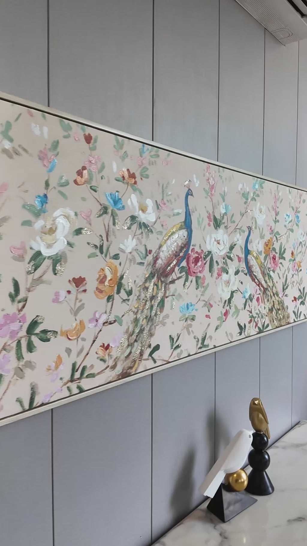 Peacock Paradise Hand painting for Home & Wall Decoration Item (With Outer Floater Frame) (59x19.5 Inches)