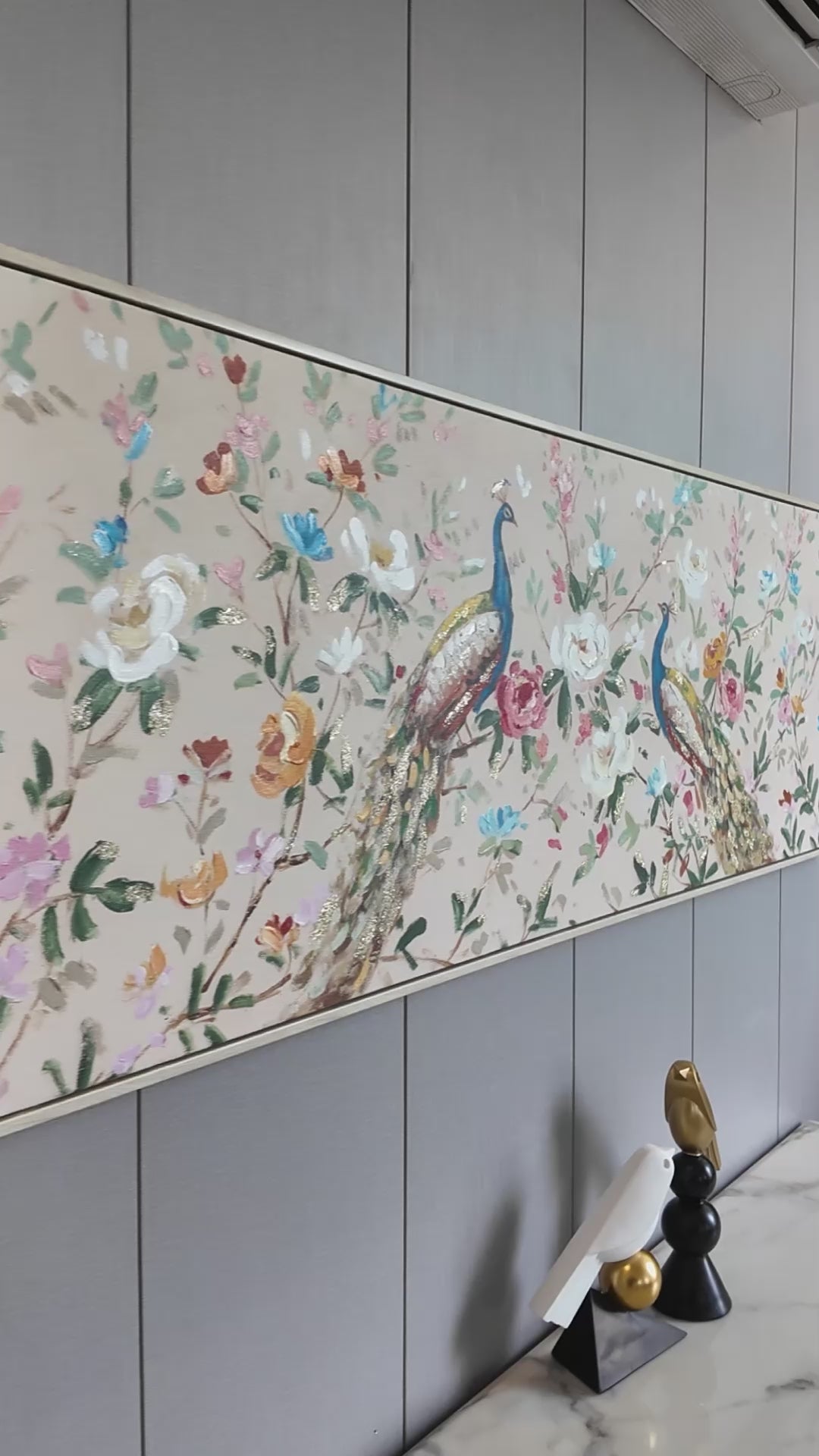Peacock Paradise Hand painting for Home & Wall Decoration Item (With Outer Floater Frame) (59x19.5 Inches)