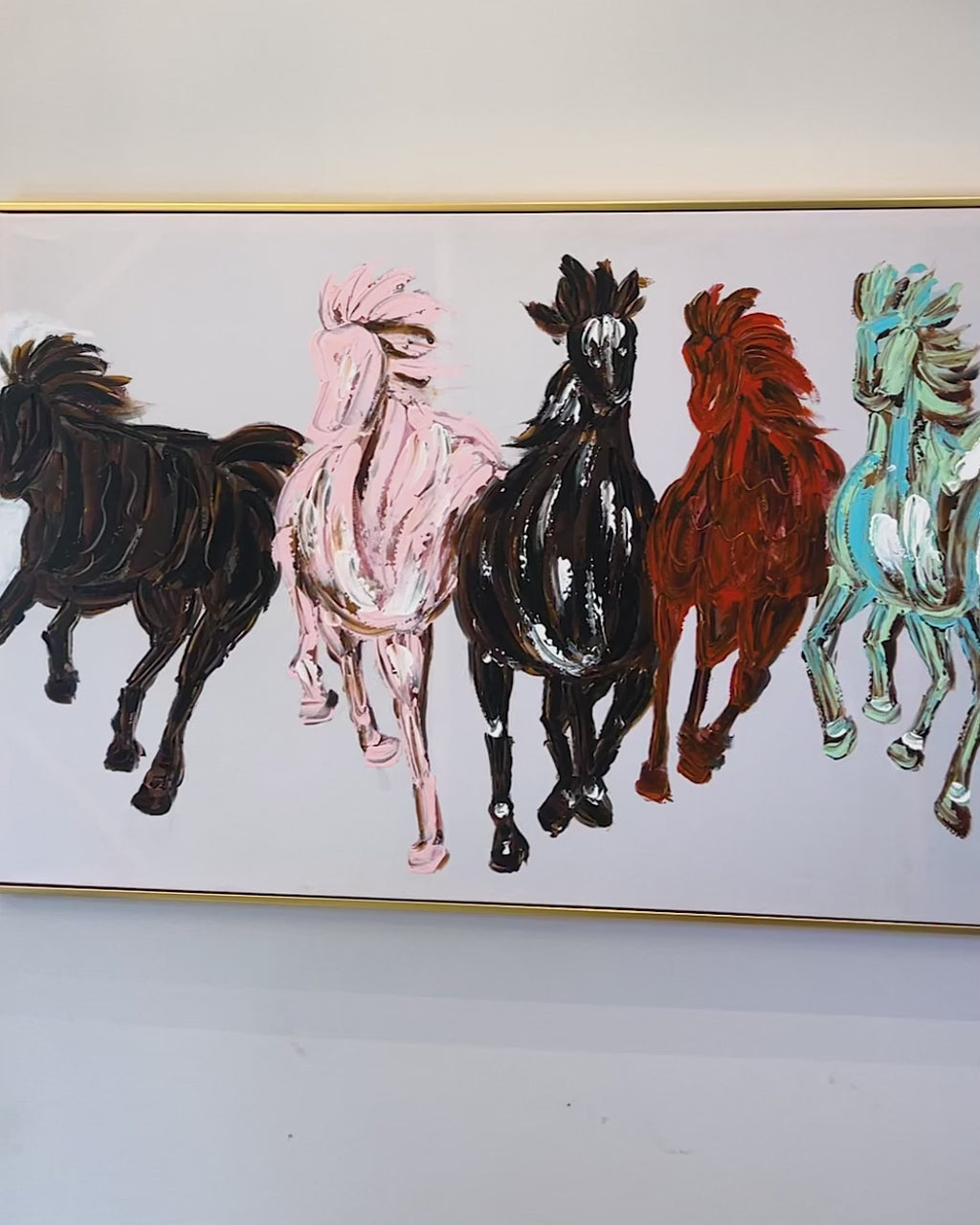 Seven Running Horses Silver Canvas 100% Hand Painted Wall Painting  (64 x 32 Inches)