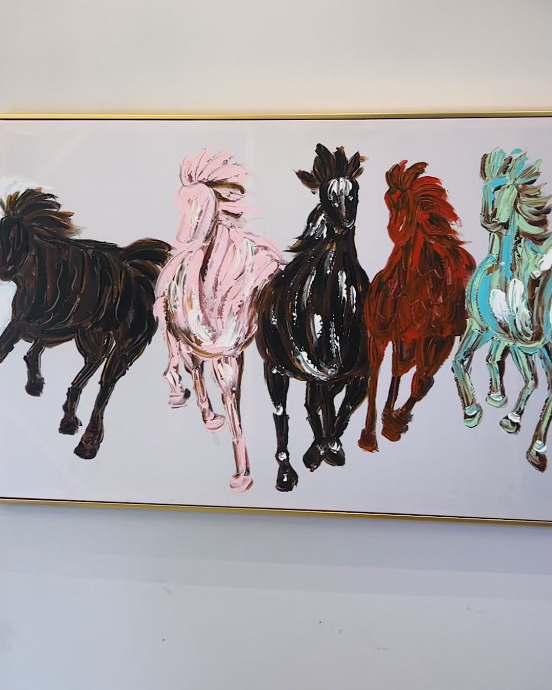 Seven Running Horses Silver Canvas 100% Hand Painted Wall Painting  (64 x 32 Inches)