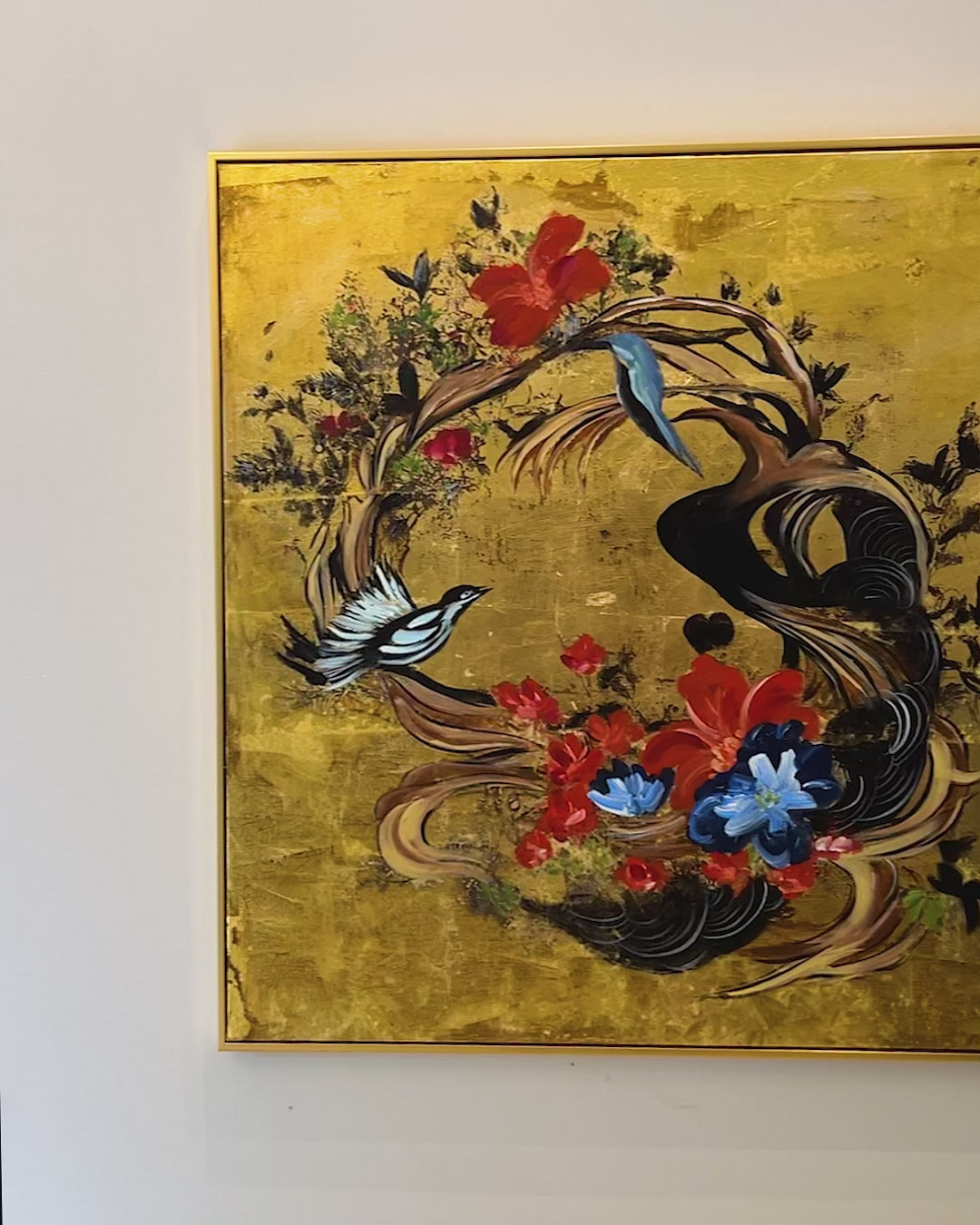 Floral Flight Sanctuary Hand Painted Decorative Wall Painting Bedroom (With Outer Floater Frame) (40 x 40 Inches)