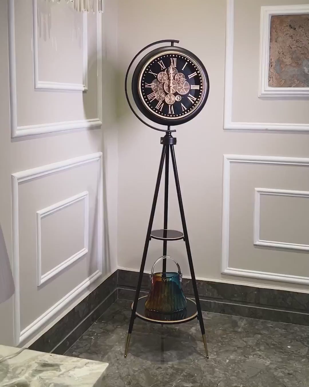 Quantum Time Tripod Base Luxury Designer Floor Clock With Moving Gear Mechanism (Steel Body)