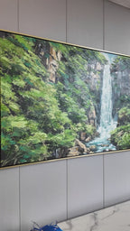 Hidden Falls 100% Hand Painted Wall Painting (With Golden Outer Floater Frame frame) (27.5x55 Inches)