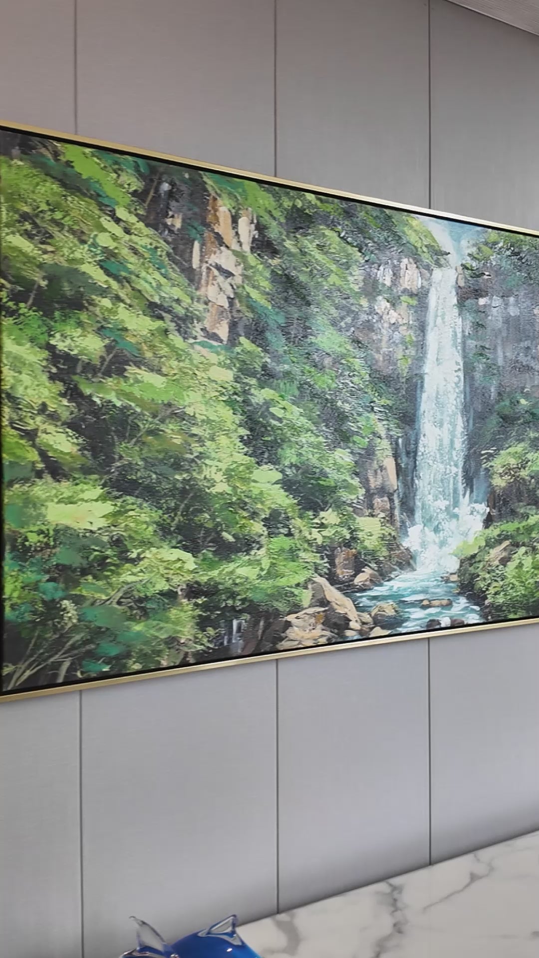 Hidden Falls 100% Hand Painted Wall Painting (With Golden Outer Floater Frame frame) (27.5x55 Inches)