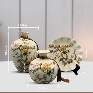 Floral Effect Decorative Vase and Showpiece - Set of 3