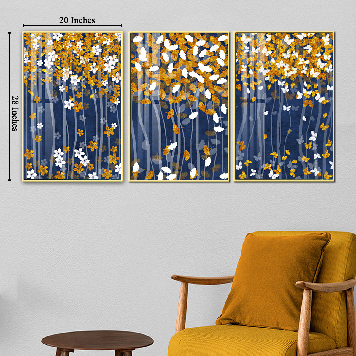 Gilded Blues Abstract Framed Canvas Print Set of 3