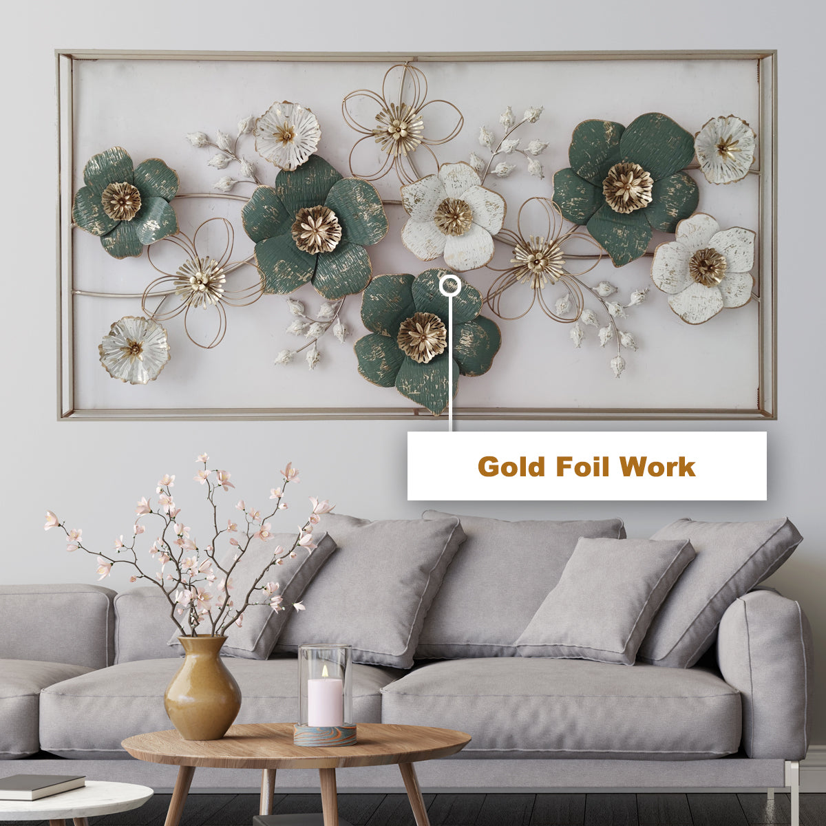 Seville luscious Ivory & Gold florals Metal Wall - Gold Foil Work