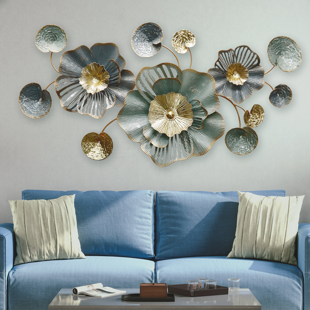 Aquatic Tranquility Gold Foil Work Metal Wall Art Panel