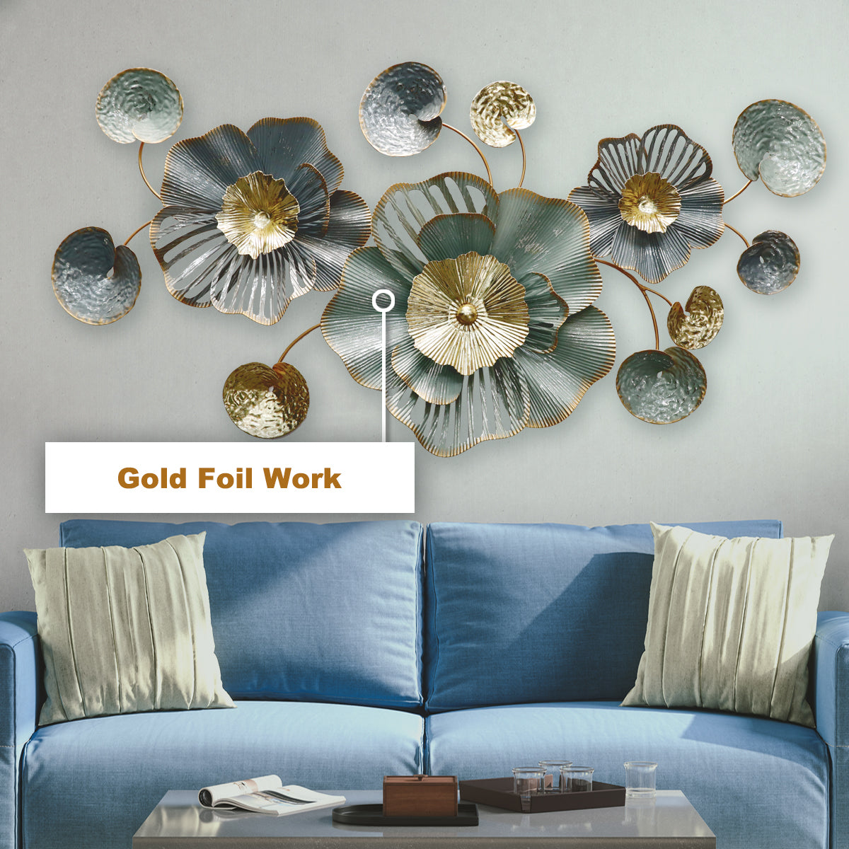 Aquatic Tranquility Gold Foil Work Metal Wall Art Panel