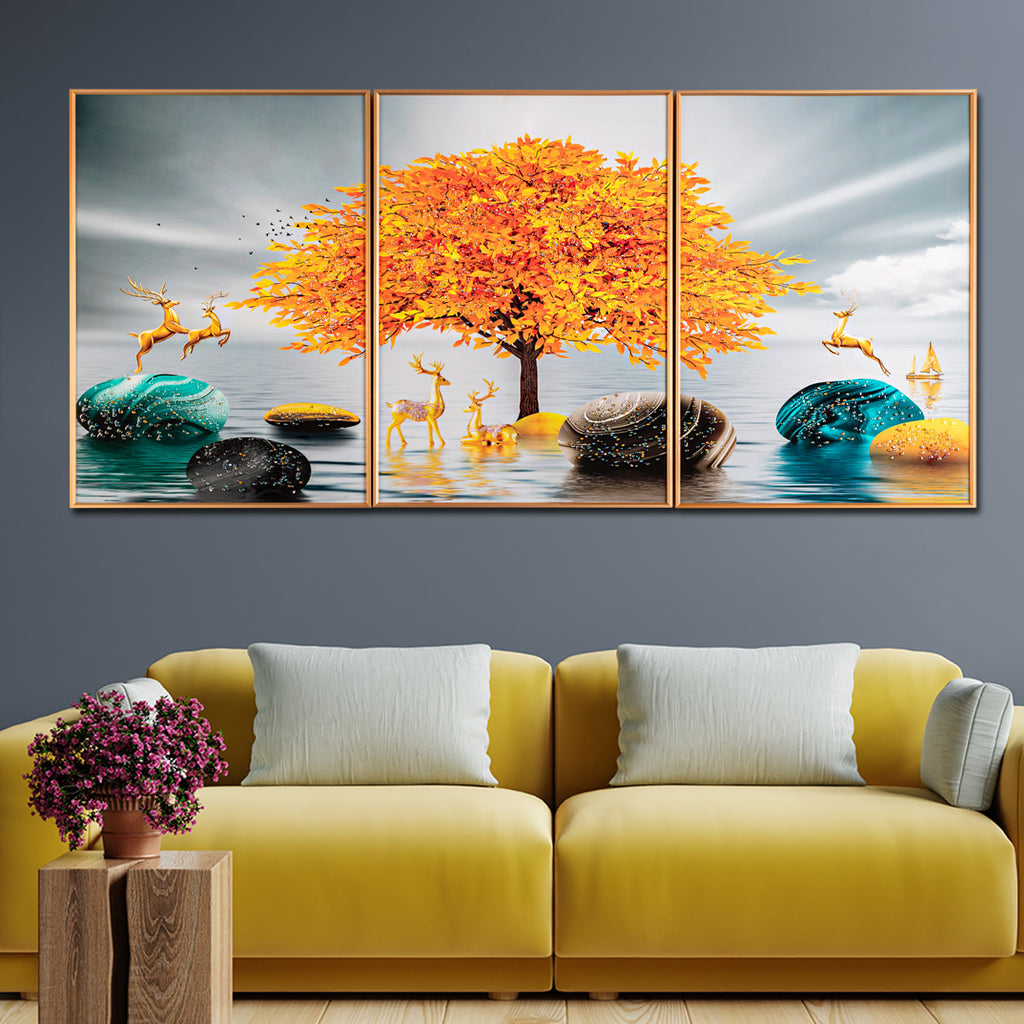 The Golden Glory Framed Crystal Glass Nature Painting - Set of 3