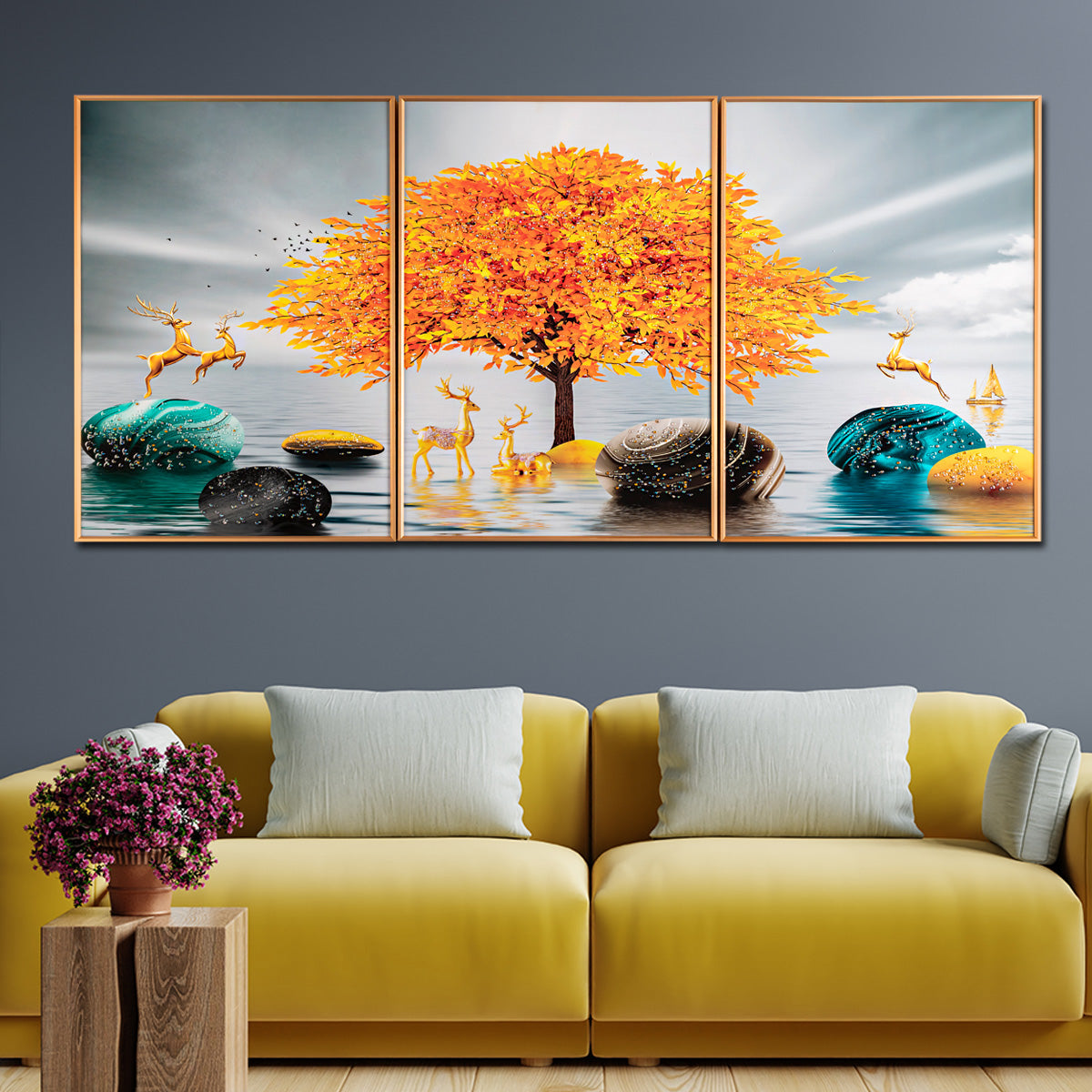 The Golden Glory Framed Crystal Glass Nature Painting - Set of 3