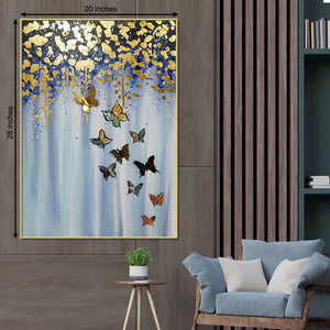 Shimmering Butterflies Blue Hand painted Wall Painting (With Outer Floater Frame)