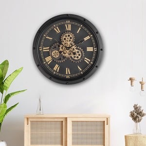 Black & Gold Three Analogs Wall Clock With Moving Gear Mechanism