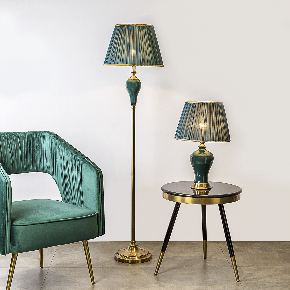 West Coast Antique Floor & Green Comet Antique Decorative Table Lamp Combo