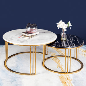 The Mystique Tube Set of 2 Nesting Coffee Table - Gold - Black and White Stone Combo