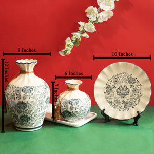 Off-White Icy Florals Decorative Ceramic Vase and Showpieces - Set of Three