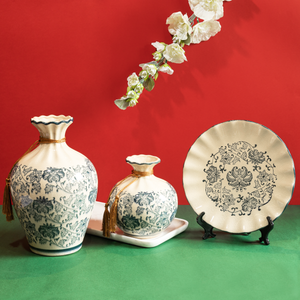 Off-White Icy Florals Decorative Ceramic Vase and Showpieces - Set of Three