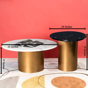 The Golden Cylindrical  Set of 2 Nesting Coffee Table - Gold (Stainless Steel) ( White and Black Stone Combo )