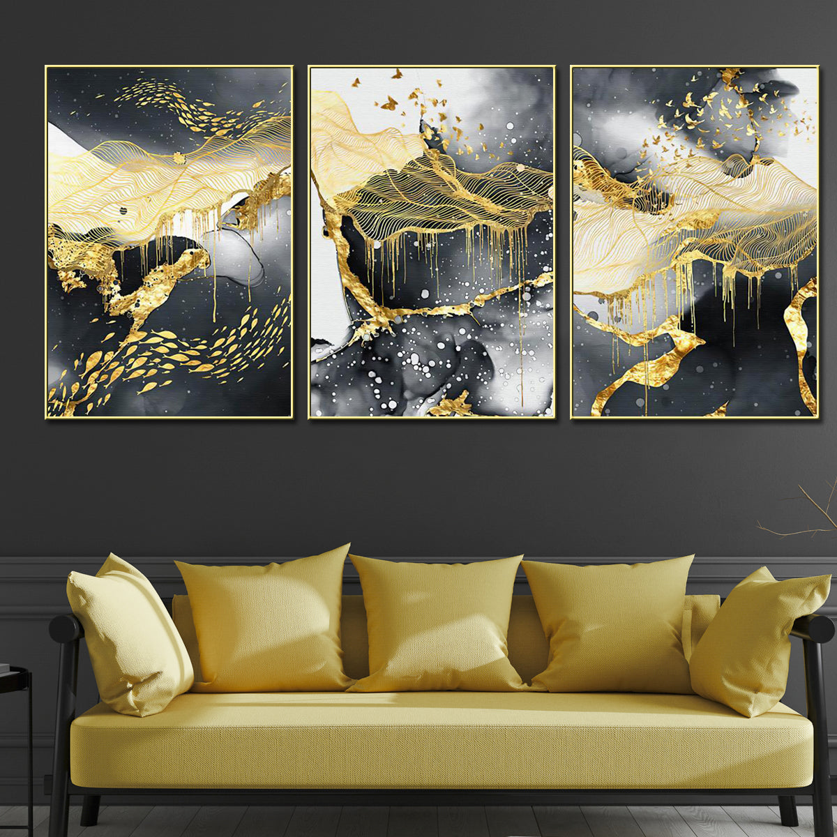 Pieces Black Gold Abstract Birds Framed Canvas Painting for Living Room