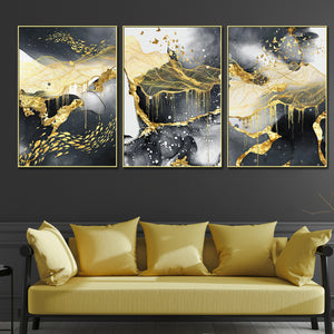 3 Pieces Black & Gold Abstract Birds Framed Canvas  Wall Art