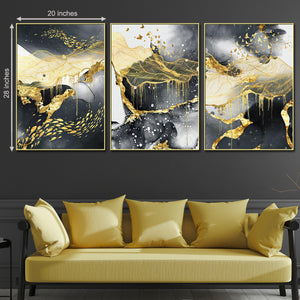 3 Pieces Black & Gold Abstract Birds Framed Canvas  Wall Art