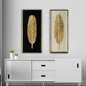 Golden Glittered Feather Shadow Box Wall Decoration Piece-Set of 2